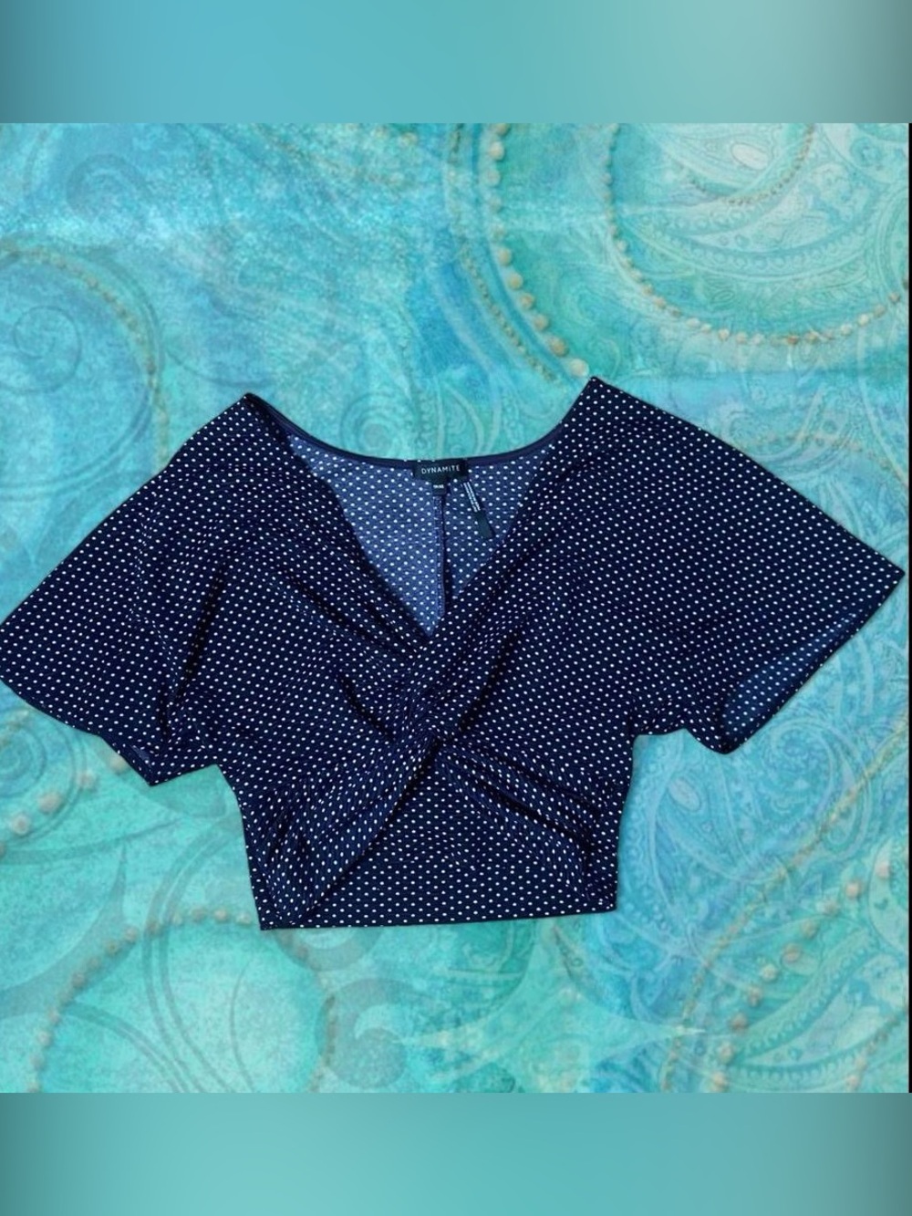 Dynamite Navy & White Polka Dot Twist-Front Crop Top